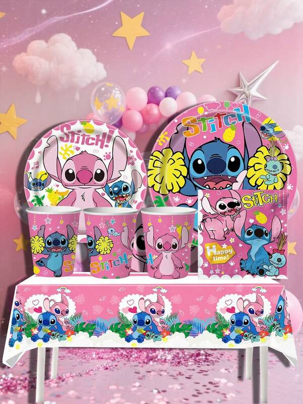 Nuovo set di stoviglie da festa eleganti con ricami, stoviglie dafestay rinforzate, stoviglie eleganti per feste, riunioni di famiglia e piccoli regali per feste, decorazioni per feste, per migliorare l'atmosfera! Stoviglfesta party di alta qualità, in stile rosa e bianco Stitch!