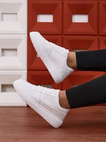 Women's Casual Sneakers, White, Non-Slip Soft Sole, Lightweight, White Shoes, Couple Style, Platform, Round Toe Lace-Up, Available In Plus Size 43-45