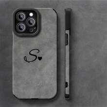 Funda de Teléfono Simple de Color Sólido con Patrón de Corazón y Letra S para iPhone 16ProMax/15Pro/14Plus/13/12/11ProMax, Resistente a Impactos, Diseño de Moda, Cubierta Protectora de TPU, Cuero Sintético - Colores mixtos - Ver 4