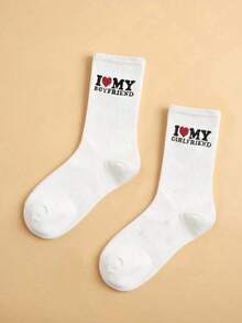 2 Pairs Couple Crew Socks, White Heart Pattern, Minimalist & Fashionable, Versatile, Cute, Soft & Comfortable, Moisture-Wicking, Back To School, Fall - White - View 6