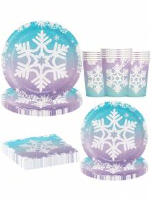 10pcs/20pcs Christmas Snowflake Tableware Set Winter Frozen Birthday Party Supplies Blue Snowflake Paper Plates Cups Napkins Dinnerware Pack For Christmas Winter Wonderland Frozen-Themed Birthday Babe Shower Decorations - Multicolor - View 3