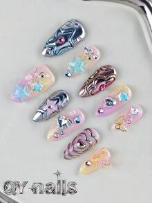 10pcs/Set Press On Nails, Almond-Shaped Nails ,Mudium Nails,Fall Nails,Cool Style,Mint Green Nails,Detachable, Suitable For Party, Dance, Daily Wear, Student Party, Office Worker Cosplay, Press-On And Reusable, With Jelly Glue And Nail File Nail Supplies - Multicolor - View 3