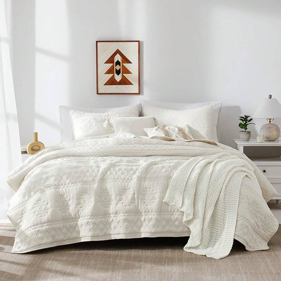 Blue Quilt King Size Bedding Sets With 2 Pillow Shams, Lightweight Soft Bedspread Coverlet, Quilted Blanket Thin Comforter Bed Cover All Season, 3 Pieces, 104x90 Inches, All - Season Bedding - 波希米亞象牙(黃調) - 查看 1