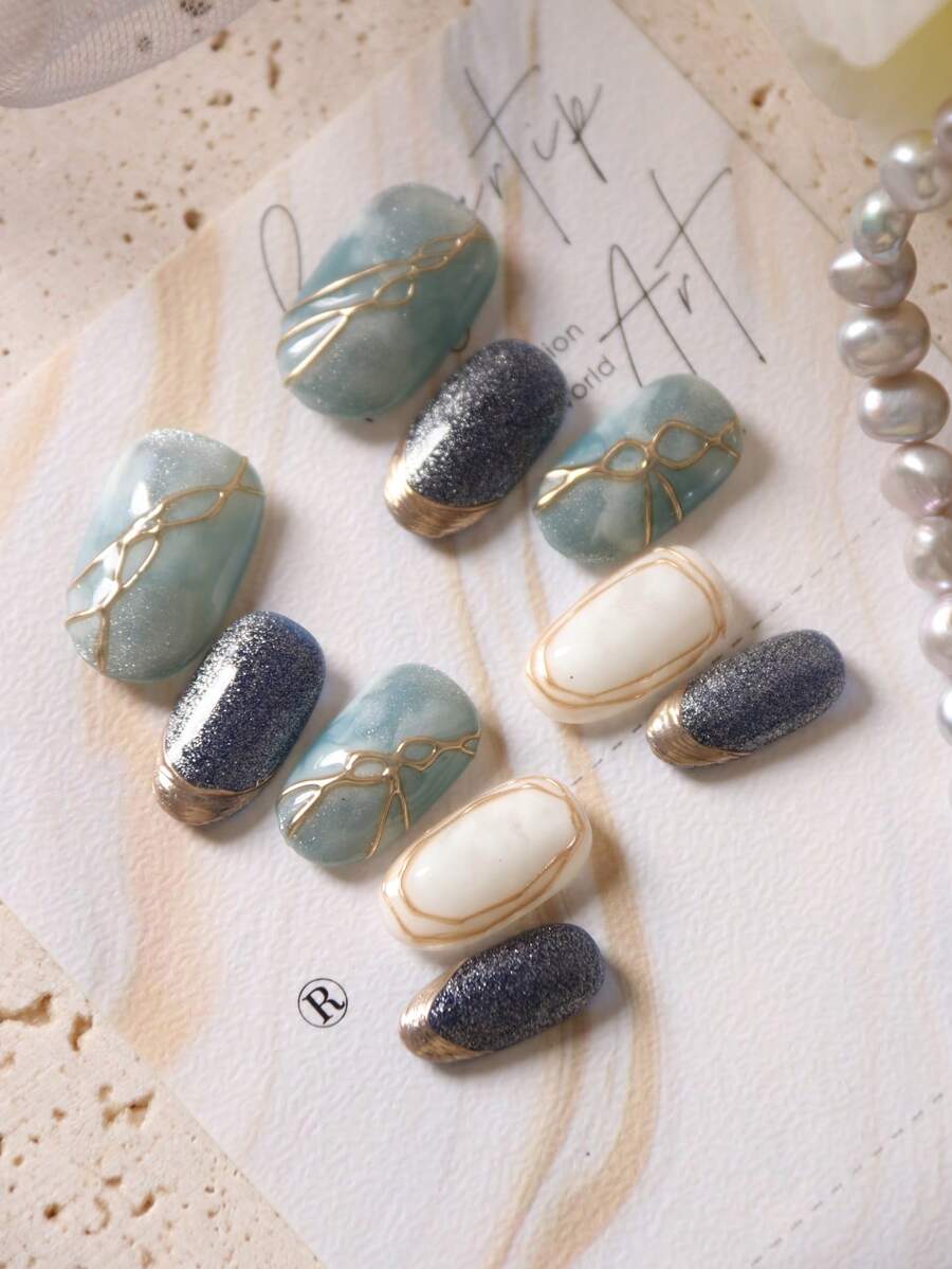 10pcs Acrylic Press On Nails Blue Green Halation Starry Sky Golden Line Short Nails Fake Nails Artificial Nails Kit Includes 1sheet Adhesive Tabs &1 Pc Mini File - Multicolor - View 1