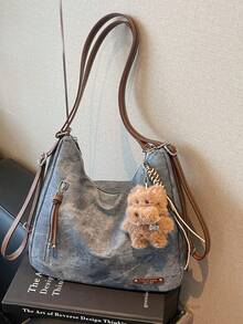 Merlard Retro 2025 磨砂质感大容量时尚百搭单肩包，高端沙滩包，托特包，购物包，大包，小众质感手提包，拉链双肩带斜挎包 - 藍色 - 查看 2