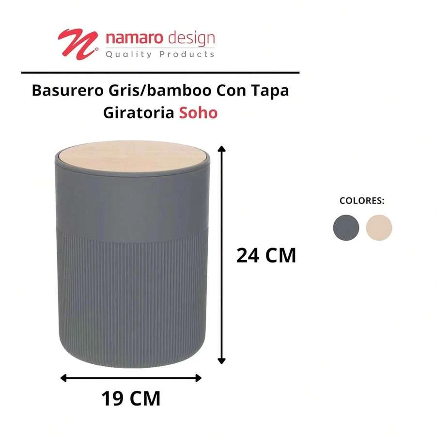 Basurero Gris con Tapa Giratoria Namaro Design| Diseño Soho con Detalle en Bamboo| Papelero Moderno para Oficina, Hogar o Baño| Capacidad Ideal, Práctico y Elegante - 1 - Ver 1