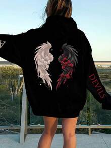 大码女式玫瑰装饰翅膀图案卫衣，时尚百搭，适合秋季、圣诞派对、女士冬季穿着、情人节、冬季、夏季，长袖上衣，曲线休闲黑色春季款 - 黑色 - 查看 4