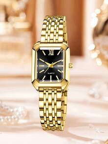 6件套女士金色钢条休闲优雅条形刻度小方表盘石英表手链项链耳环戒指首饰套装，适合日常佩戴装饰或作为节日礼物 - 金色 - 查看 3