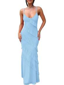 Vestido de cóctel elegante de mujer con tirantes finos, espalda descubierta, volantes y silueta ajustada, 2025 QMO3 - Azul - Ver 11