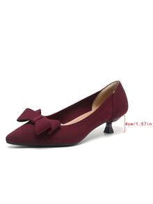 Giày bệt đan mũi nhọn màu trơn cho nữ, giày cao gót mini 4cm, kiểu dáng dễ thương cho trang phục thường ngày, trang trí nơ thời trang mới - Màu Đỏ Sâu - Xem 15