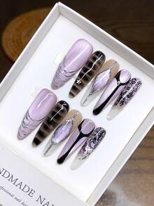 10 Móng tay giả hình bầu dục dài, vẽ tay, màu tím gradient, cá nhân hóa, mắt mèo, gương ma thuật, chất lượng, thiết kế đơn giản, ấn vào móng tay - Nhiều màu - Xem 13