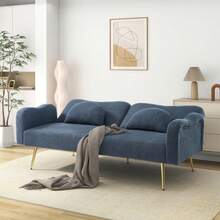 [Sleeping Function] Double Sofa Bed - Modern Two-Seater Sofa With Adjustable Backrest And Gold Metal Legs, Integrated Sleeping Function. 2-In-1 Multifunctional Furniture. - Blue-gray - View 6