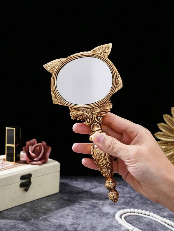 1pc Resin Fox Shaped Decorative Mirror, Makeup Mirror, Decorative Hand-Held Vanity Mirror, Desktop Decor, Home Decor For Living Room, Study, Bedroom, Holiday Party Decoration, Gift