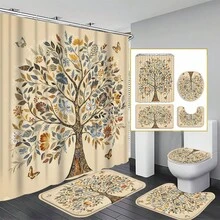 1/4pcs Yeoiat Artistic Tree Pattern Shower Curtain, Natural Scenery Shower Curtain, Luxury Bathroom Shower Curtain Set, Includes 12 Hooks - Multicolor - View 1