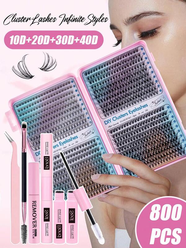 640 Stücke Wimpernverlängerungs-Set, DIY Wimpernverlängerungs-Set mit einzelnen Wimpern-Clustern D-Krümmung, Wimpern-Cluster mit Wimpern-Kleber und -Versiegelung sowie Wimpern-Applikator-Pinsel für Selbstanwendung zuhause (10D-20D-30D-40D-50D-60D-80D-100D) Wimpern-Cluster-Set, geeignet für Reisen, täglichen Gebrauch für Anfänger, Hochzeiten, Dates, Partys, Festivals, sehr geeignet als Wimpern-Geschenkbündel zu Weihnachten/Halloween
