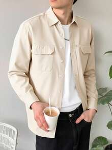Men's Outdoor Shirt, Utility Shirt Long Sleeve With Large Pockets, Casual Khaki Minimalist Fashion Men's Shirt - Beige - View 1