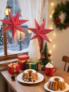 2pcs/6pcs 3D Hollow Paper Christmas Star Lanterns, Suitable For Window, Wall, Christmas Tree, Pendant Light Or Ceiling Decor, Also For Wedding Party Christmas Decoration (Bulbs Not Included), Christmas Home Decor, Christmas Gift, Christmas Ornament - Red - View 5