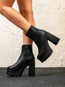 女士时尚靴子，2026新款，秋冬季，时尚搭扣英伦风短靴，踝靴，粗跟，百搭，高跟，防水厚底，女鞋 - 黑色 - 查看 4