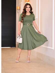 Midi Dress With Waist Detail With Ring Elegant Executive Evangelical Fashion Party Worship Wedding Work Casual Mesh Fabric - Xanh rêu - Xem 4