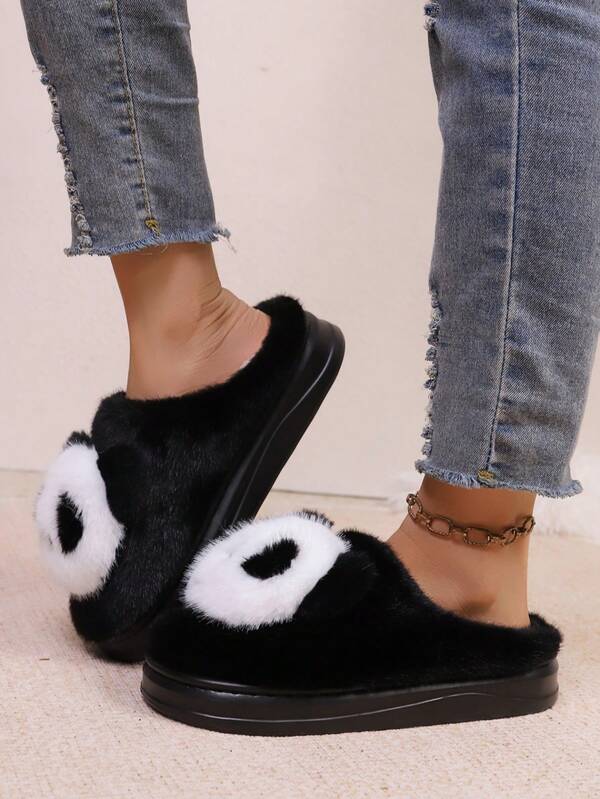 Pantuflas de casa de peluche con suela gruesa y dibujos, pantuflas cómodas y suaves con falso pelo de conejo, pantuflas antideslizantes para interiores/exteriores y baño