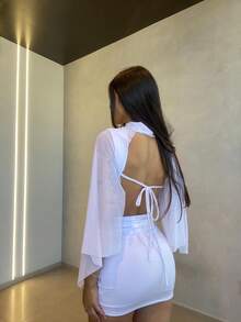 Conjunto Feminino Top e Saia com Tule Manga Longa - Branco - Visão 2