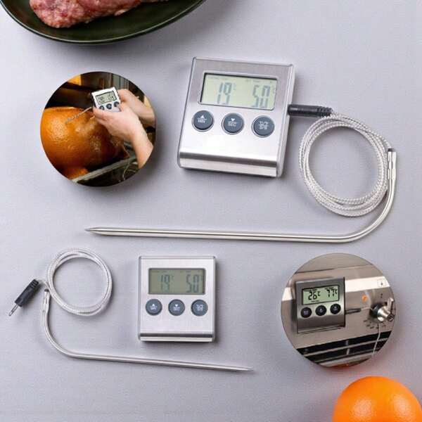 PromoClick Termómetro digital de cocina con temporizador, alarma y sonda de acero inoxidable ideal para medir la temperatura de carnes, alimentos y líquidos con precisión , Cuenta con pantalla digital fácil de leer, botón para cambiar entre °C y °F, y aguja de acero inoxidable con cable resistente al calor, perfecta para usar en hornos o parrillas