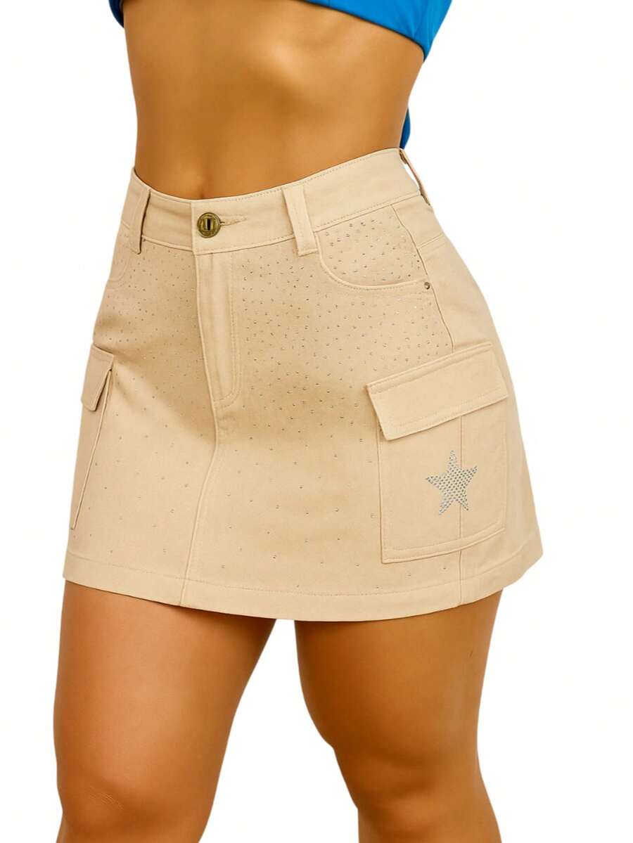 Women's Cargo Skirt With Star Rhinestone Shine - 米色 - 查看 1