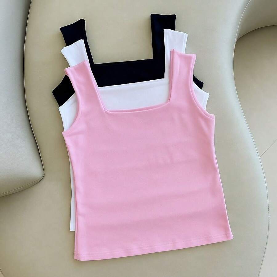 Kit Of 3 Women's Blouses, Square Neckline, Straight, Casual Tank Top, Black, White, Nude - 粉紅白黑 - 查看 1