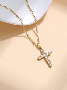 1pc Copper Zirconia Cross Pendant Necklace, Fashion Versatile Unique Design Pendant Necklace, Suitable For Women's Daily, Date, Vacation, Wedding, Festival Wear, Casual And Special Occasions, Birthday Gift, Mother's Day, Valentine's Day
