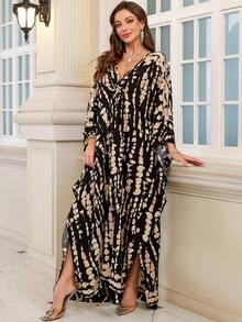Elegant Women's Arabic Tie-Dye Print V-Neck Batwing Sleeve Long Slit Robe Vacation Spring - Multicolor - View 6