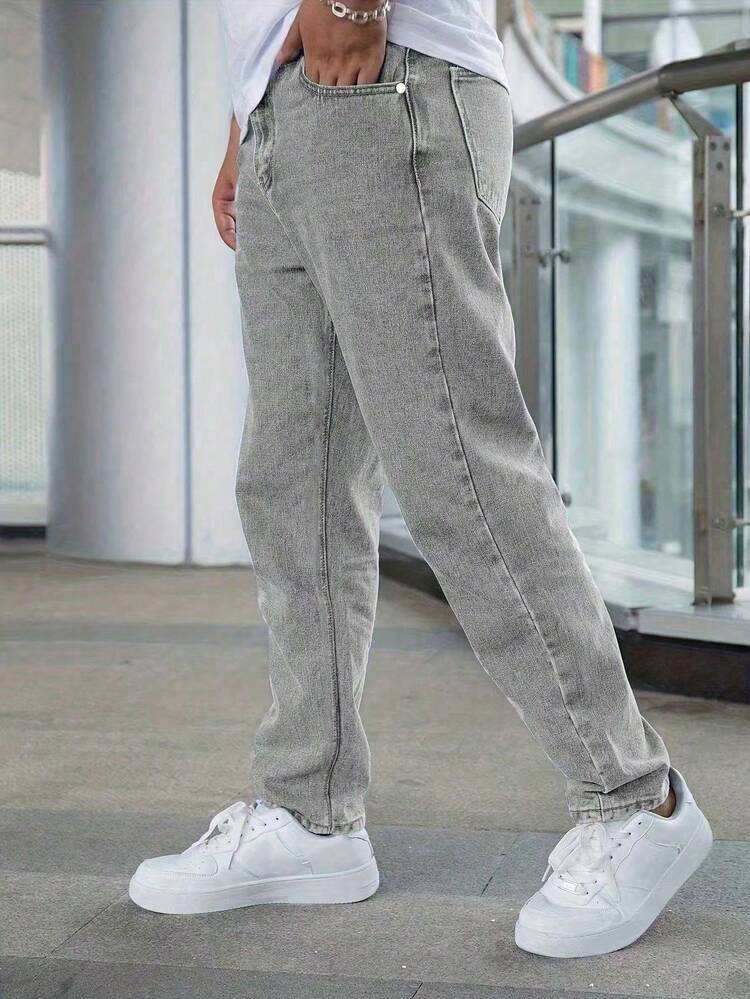 男士休闲修身紧身牛仔裤 - 适合所有季节 - 淺灰色 - 查看 3