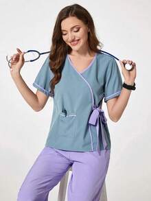 Fashionable Colorblock V-Neck Short Sleeve Multi-Pocket Set, Stylish Outfit For Beauty Salon, Nanny, Maternity Center, Scrub, Casual Lightweight Suit - Mint Blue - View 6