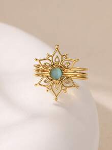 1 pieza Anillo de flor hueco de moda para mujeres y hombres, color dorado, de acero inoxidable con diseño geométrico, joyería estética para boda, regalo de pareja