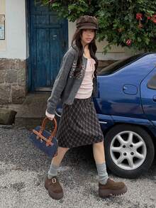 Plaid Skirt, Slimming Knee-Length Plaid Bodycon Skirt - Grey - View 3