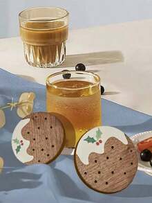 6pcs/Set Christmas Pudding Wooden Coasters, Wooden Coasters For Home, Office, Cafe, Tea Room Decor, Table Decoration, Restaurant Decoration, Christmas Gift