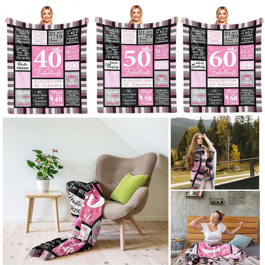 40/50/60. Geburtstag Frau, 40/50/60.TER Geburtstag Frau,150x130CM Geschenke zum 40/50/60 Geburtstag Frauen, Lustige Geburtstagsgeschenk für Frauen 40/50/60 Jahre Mama Oma, Deko 40/50/60 Geburtstagsgeschenk Decke - Pink - Übersicht 1