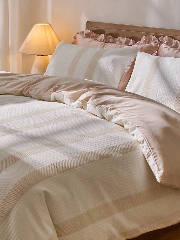 2/3pcs Khaki Waffle Polyester Duvet Cover Set, Stylish Modern Bedding Set For All Seasons, Soft, Breathable, Machine Washable (1 Duvet Cover + 1/2 Pillowcase)