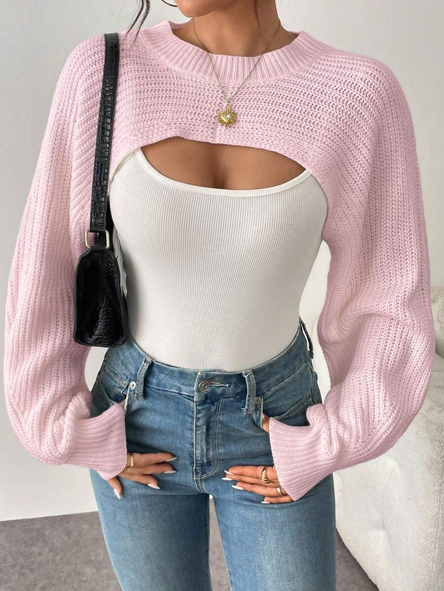 Asymmetric Hem Solid Color Ribbed Knit Pullover Sweater - Baby Pink - View 1
