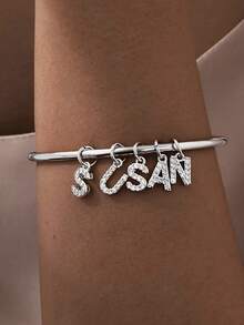 1 pièce Bracelet personnalisé minimaliste avec lettre en strass, en acier inoxydable, design fermé, bracelet de couple, cadeau pour elle (Taille : 6,3 cm/2,48 pouces, avec boîte cadeau) - Multicolore - Voir 16