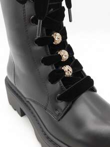 Casual Solid Color Lace-Up Side Zipper Ankle Boots, 2 Replaceable Shoelaces, Autumn - Black - View 2