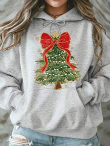 Christmas Tree Plus Size Hoodie  Christmas Tree With Red Bow And Lights Print Holiday Sweater For Women Winter Casual Wear - Grey - View 1