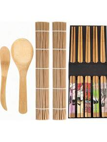 寿司制作套件 - 9 件入门套装：寿司卷垫、竹垫、踏垫、训练筷子、饭勺、米饭摊。 - 彩色 - 查看 7