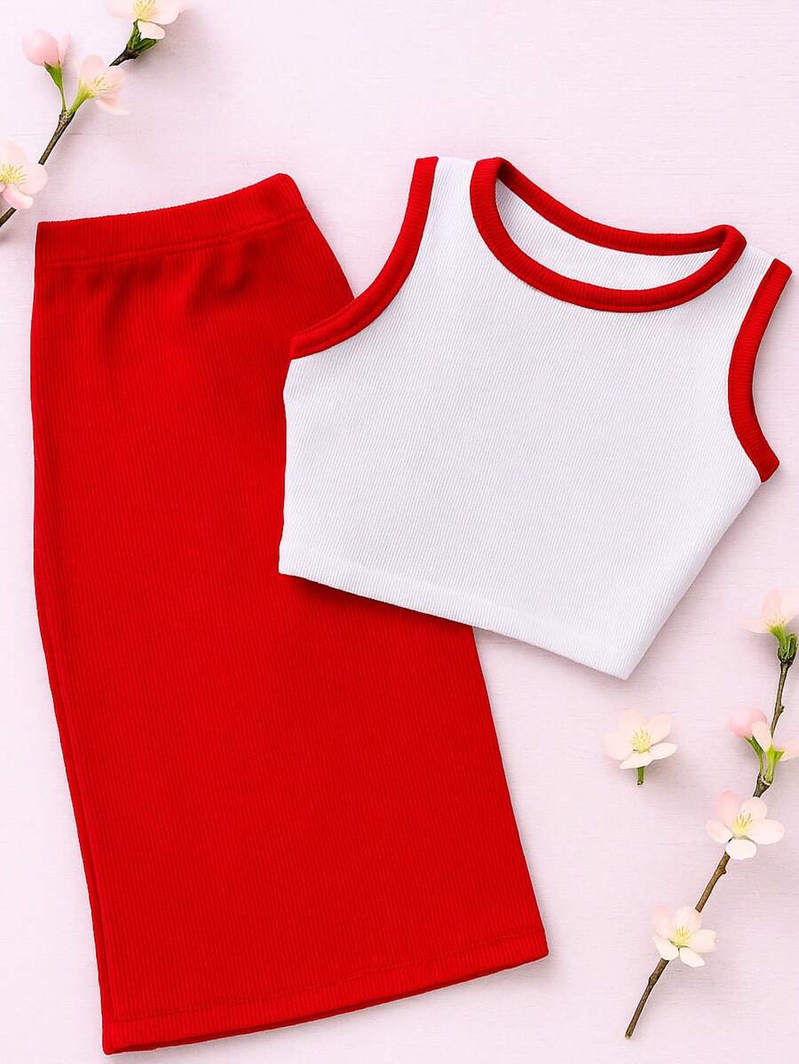 Conjunto Infantil e Juvenil para Meninas e Adolescentes Jovens Conjunto Composto 2 Peças Cropped Regata e Saia Midi Moda Primavera Verão CJI003 - Vermelho - Visão 1