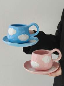 Cabin Kangaroo Ins风格，法式复古风格，手工捏塑手绘，不规则陶瓷咖啡杯碟，手工捏塑痕迹，手绘图案，艺术气息浓厚，高档甜点碟，下午茶，提升格调