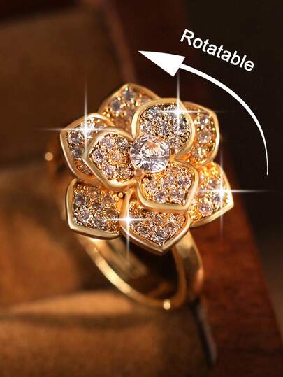 1 pieza Anillo giratorio con flores de rosa elegantes y circonita cúbica, bonito anillo aliviador de ansiedad ajustable, adecuado para uso diario, fiesta, accesorio de ropa de viaje