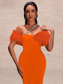 Stylish Women's Elegant Half Sleeve Rhinestone Asymmetrical Long Knitted Dress With Zipper For Party Other Wear