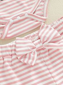 Conjunto de 3 piezas para bebé niña, otoño, mono de manga larga con estampado del alfabeto + pantalón de punto a rayas + diadema ajustable con lazo, mezcla de algodón suave, talla 1-18 meses, perfecto para uso diario y fotos familiares. - Rosa - Ver 9