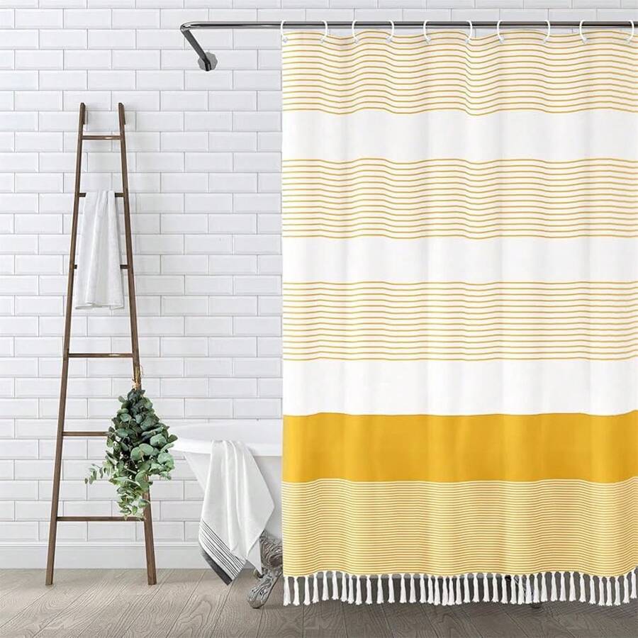 Sage Green Boho Stripe Shower Curtain 72 X 72 Inches Farmhouse Cotton Bathroom, - Yellow - View 1