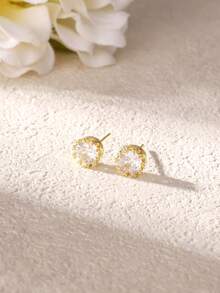 rakol 2pcs Gold Plated Round Crown Cubic Zirconia Stud Earrings For Women - Yellow Gold - View 2