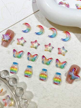 50 piezas de decoraciones de uñas 3D con forma de estrella, luna, mariposa, botella de leche, nube y arcoíris con brillo, adecuadas para decorar estuches de teléfono, manualidades hechas a mano, arte de uñas de Ramadán